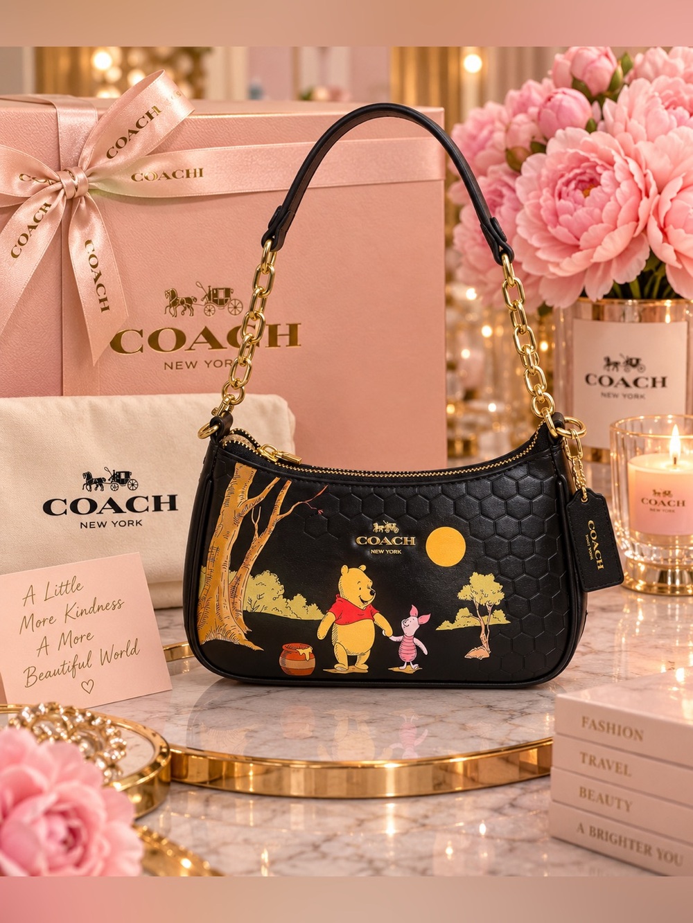 Leather Shoulder Bag with Winnie the Pooh & Piglet Print